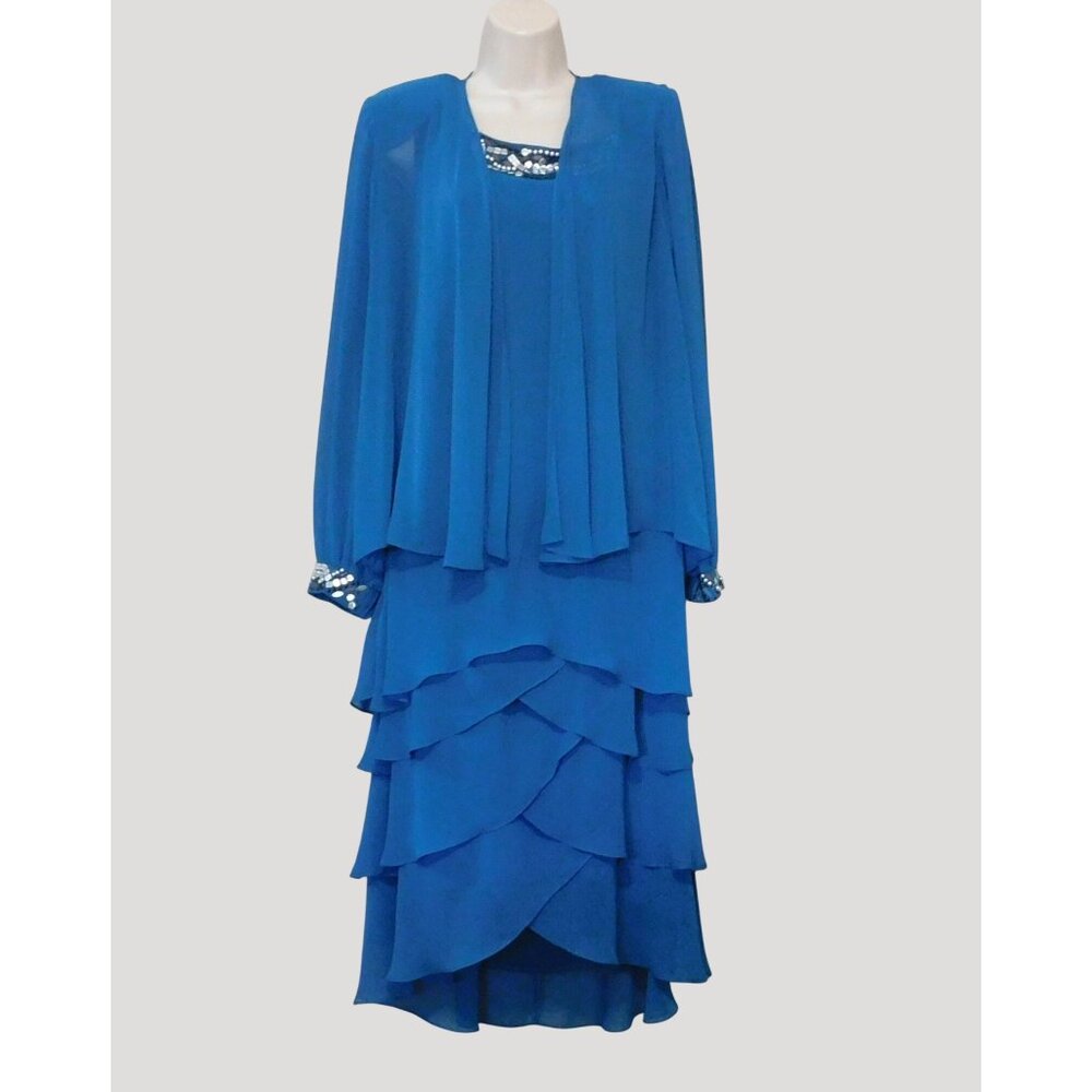 S L Fashions Beaded Dress Chiffon Jacket 2-Piece Size 14 Teal Tiered Hem